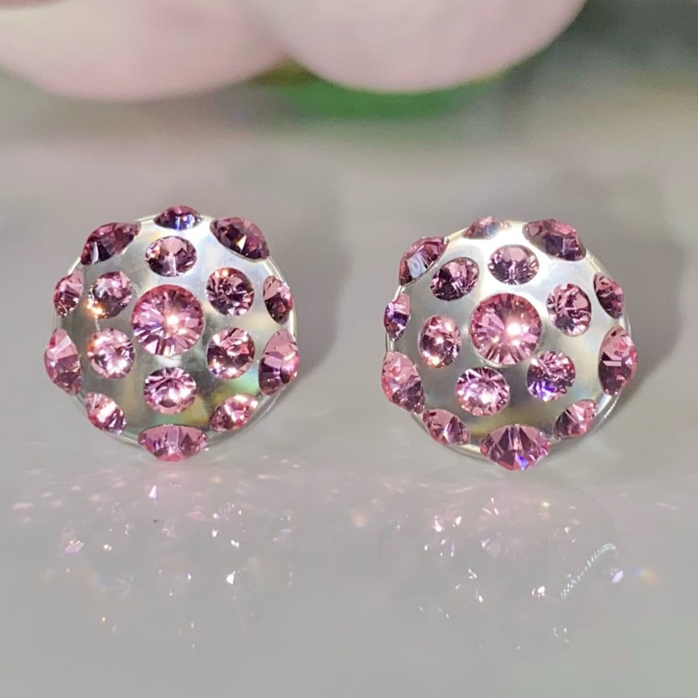 Acrylic stud earrings for women, Transparent lucite, pink crystal stones, new